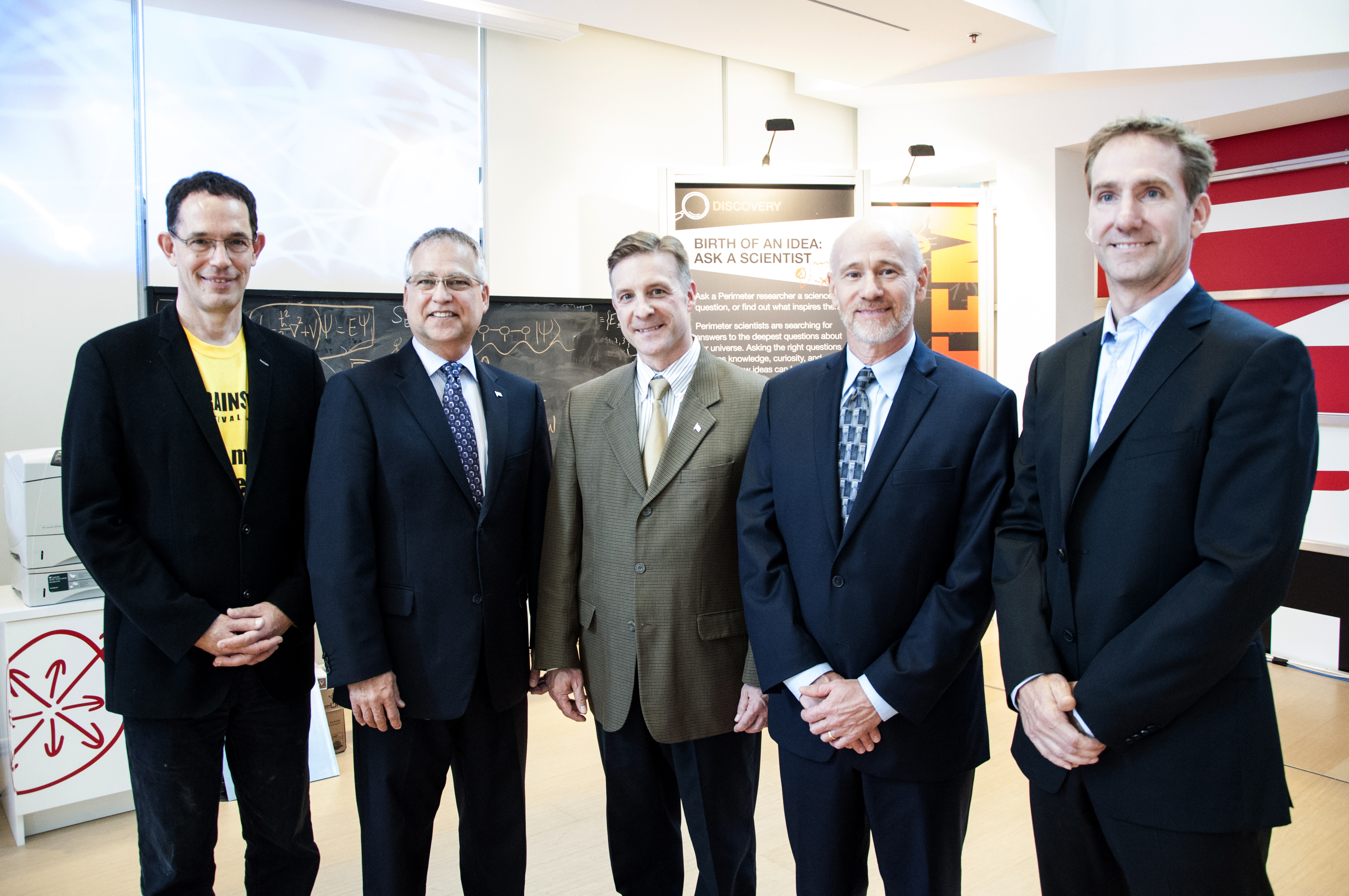 Group photo at the BrainSTEM resource launch with Perimeter Director Neil Turok, Gary Goodyear Minister of State for FedDev Ontario, Kitchener-Waterloo M.P. Peter Braid, Perimeter COO Michael Duschenes, and Greg Dick Perimeter Director of Educational Outreach.