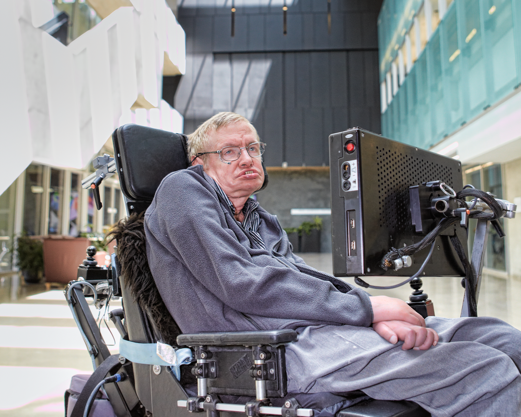 Portrait of Stephen Hawking in the Atrium at Perimeter Institute in 2010