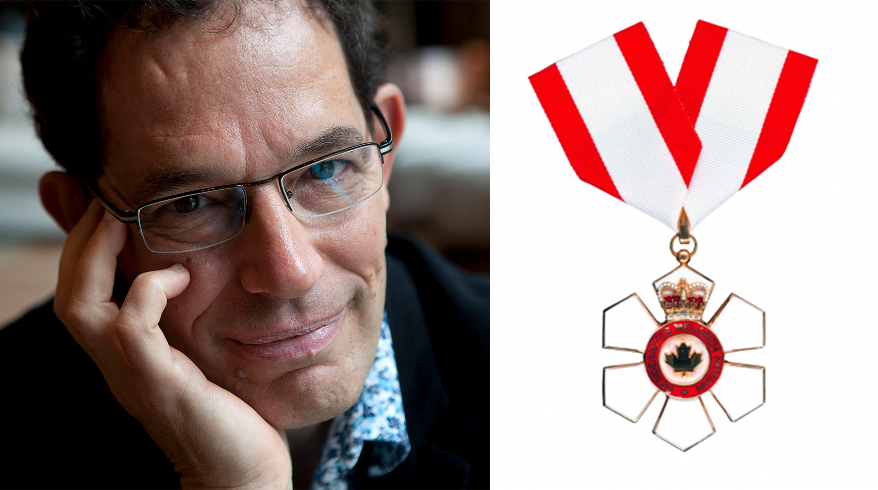 Close-up portrait of Neil Turok, next to an image of the Order of Canada medal