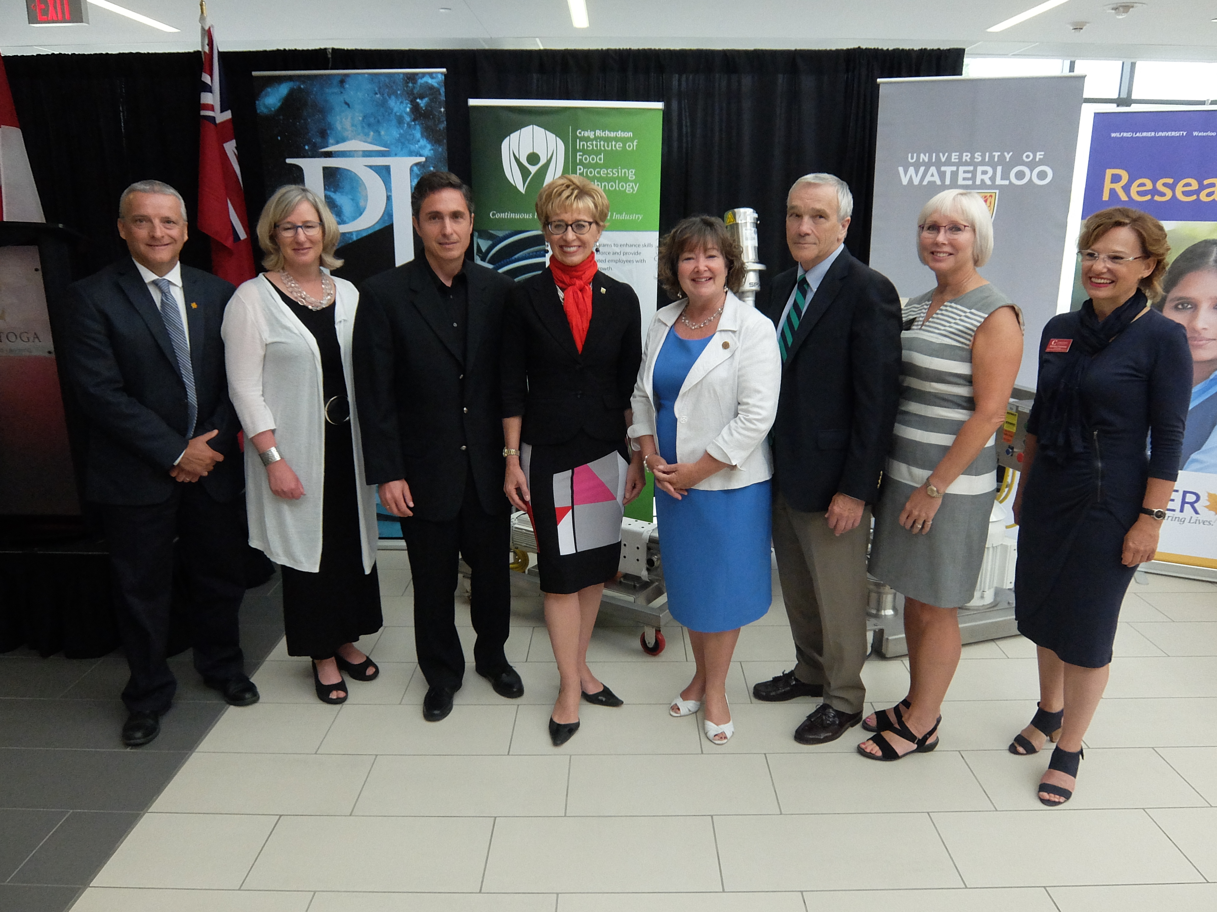 Waterloo Region VIP ERA ceremony dignitaries and provincial MPPs Kathryn McGarry and Daiene Vernile, with leaders from area institutions. 