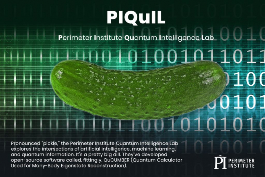 Poster of a pickle overlapping binary code to advertize PIQuIL - Perimeter Institute Quantum Intelligence Lab