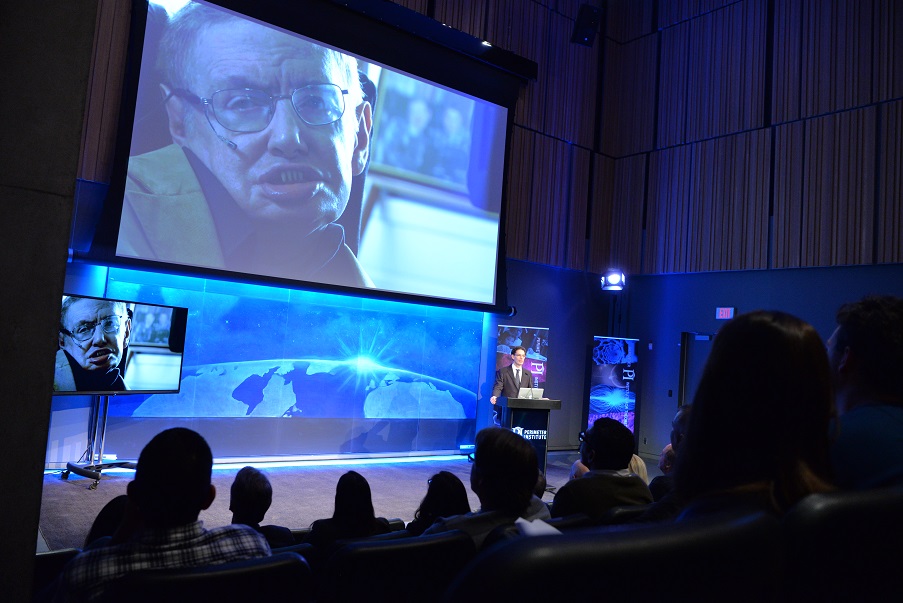 Stephen Hawking, on a big screen in the main auditorium, announcing a new fellowship in his name at Perimeter’s Centre for the Universe. 