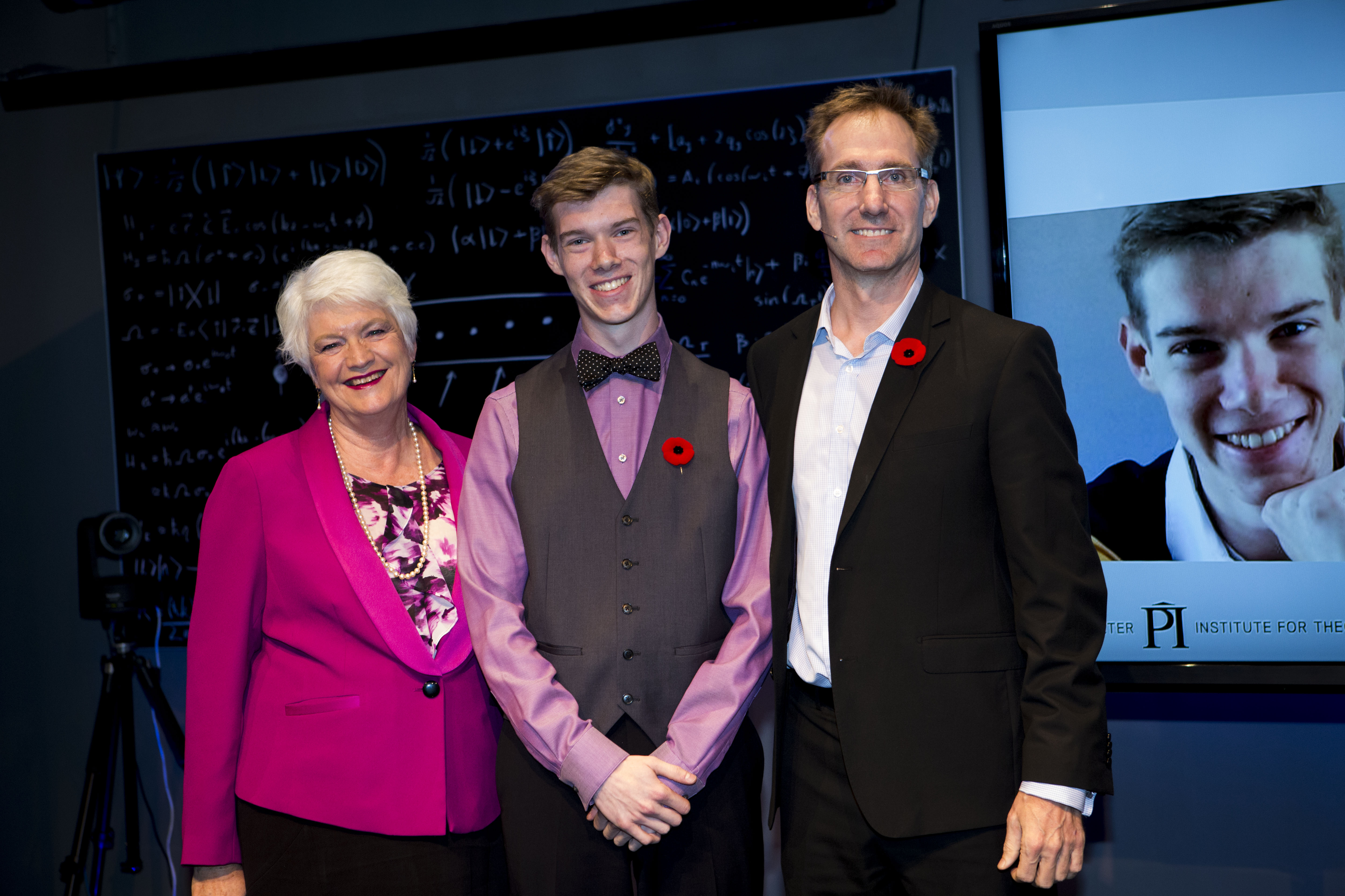 Sean Begy, recipient of the Luke-Santi Memorial award, posing with with Ontario Minister of Education Liz Sandals and Perimeter Outreach Director Greg Dick.