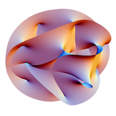 Drawing of a 6-dimensional "Calabi-Yau manifold," that looks like a ribbon warmed and twisted into an entwined ball
