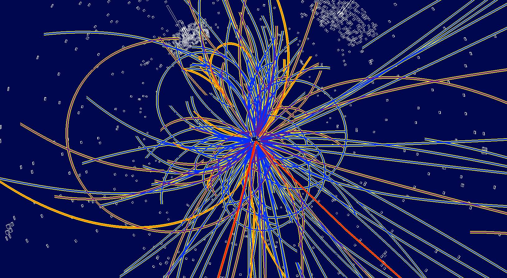 Tracks of many particles emerging from the collision of two protons like an asterisk