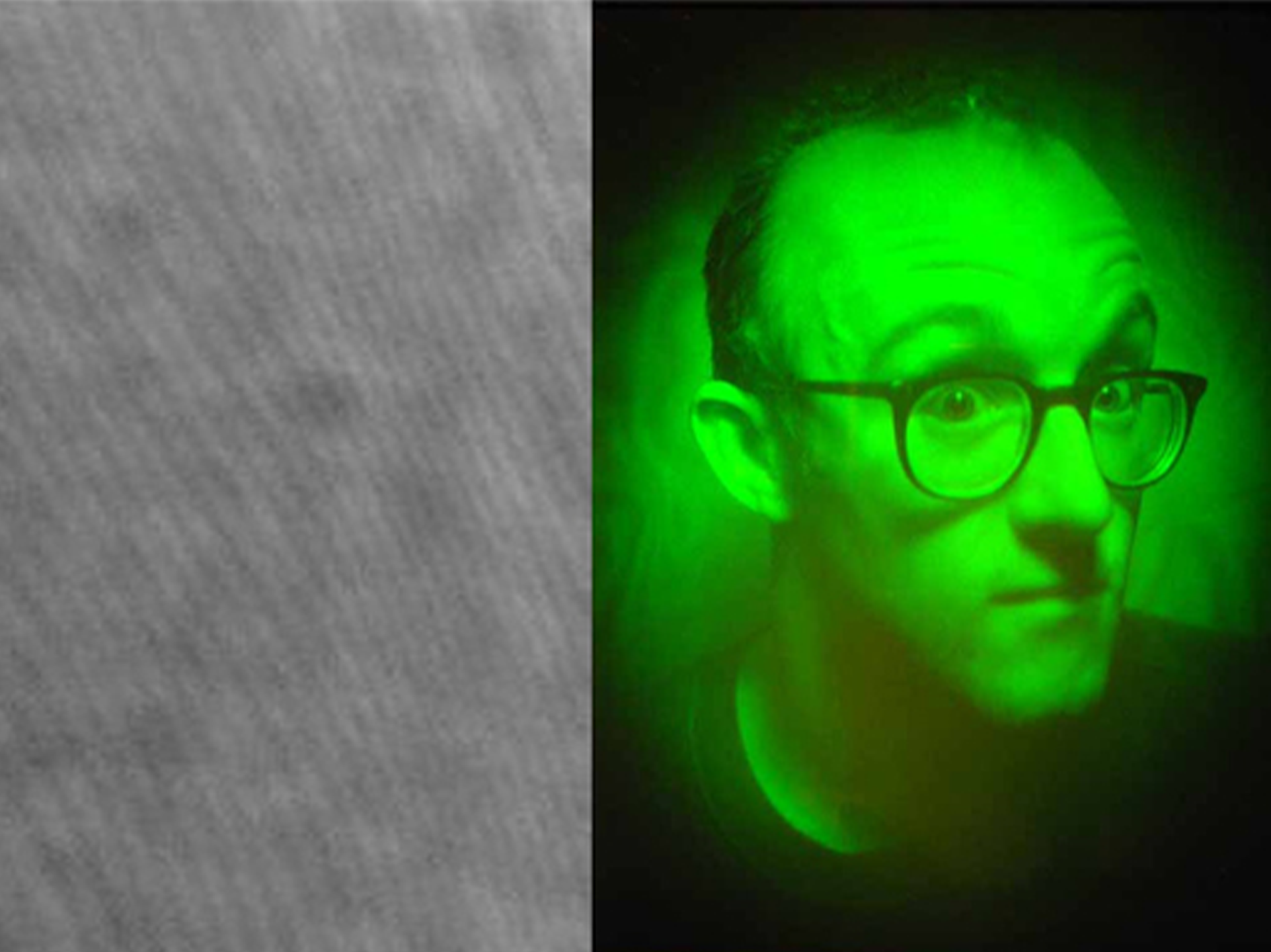 Un panneau gris «&nbsp;hologramme&nbsp;» avec des lignes et des taches à peine détectables à côté d'une tête humaine éclairée par une lumière laser.