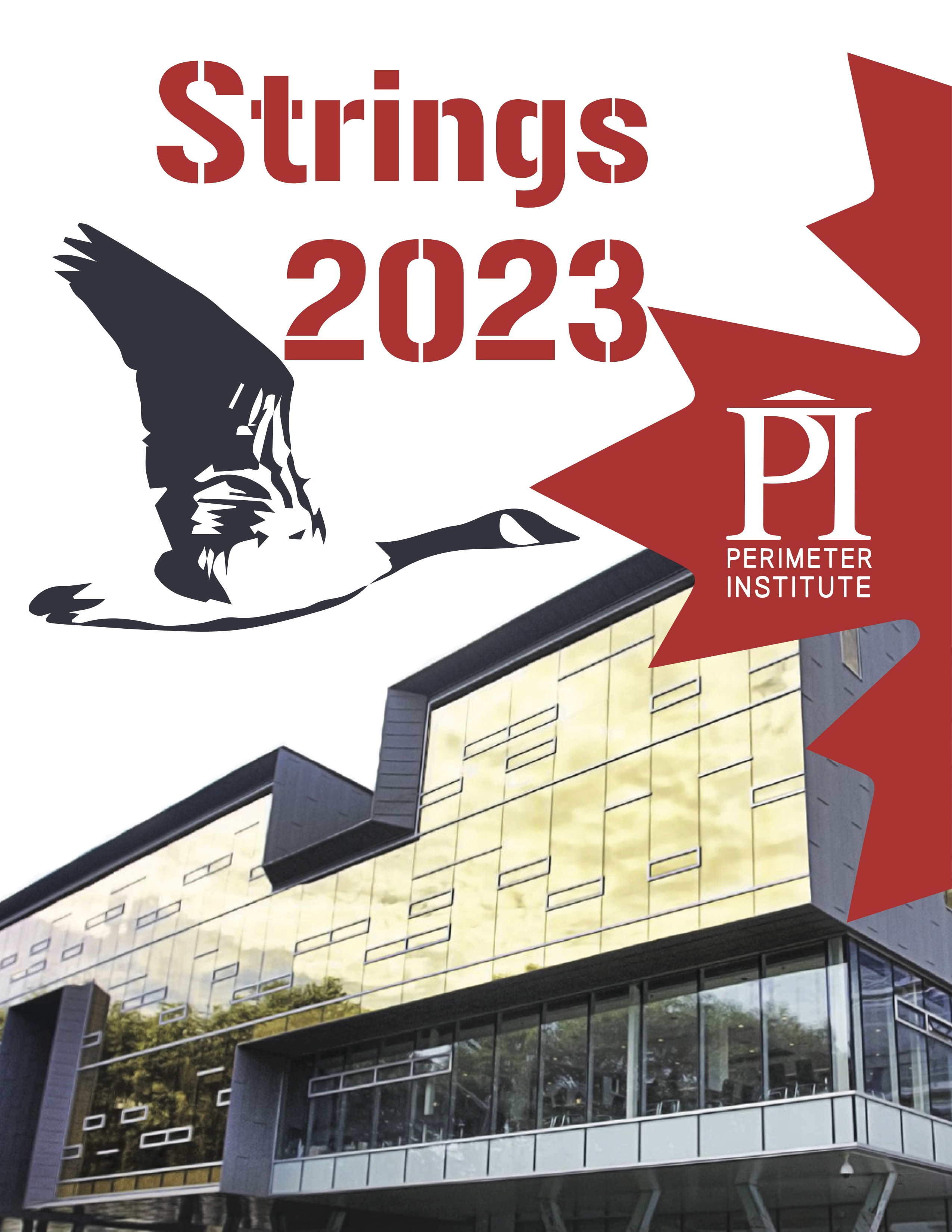 Conference poster that says Strings 2023 with an illustration of a goose flying over a building
