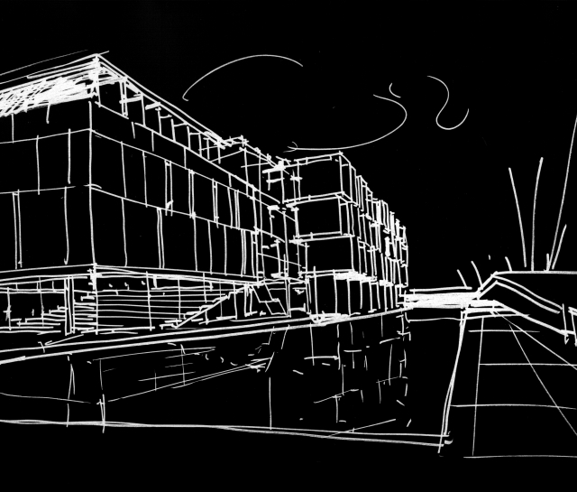 White sketch of the outside of a building on a black background