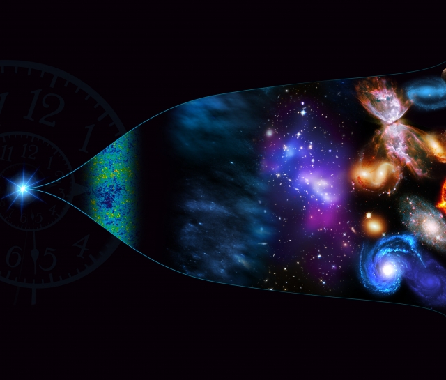 Illustration to show the Big Bang from spark of light into galaxies, planets, etc.