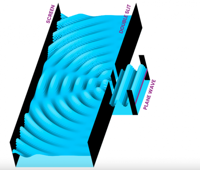 Screenshot of animation showing waves pass through one wall and hit the next