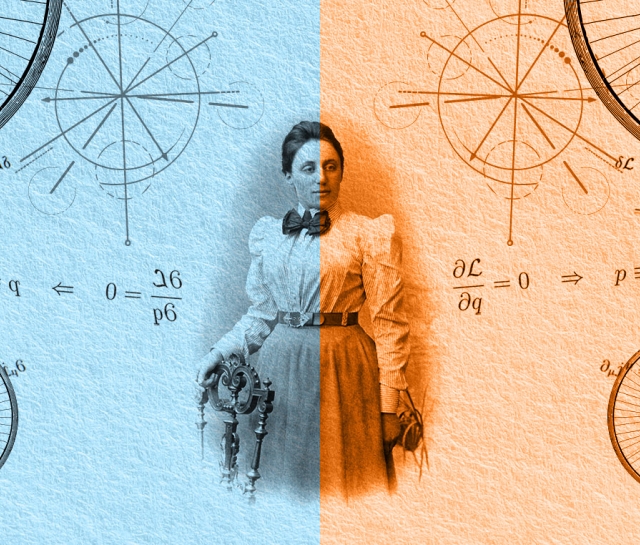 Collage of Emmy Noether and equations with one half blue and the other half orange