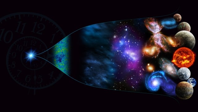 Illustration to show the Big Bang from spark of light into galaxies, planets, etc.