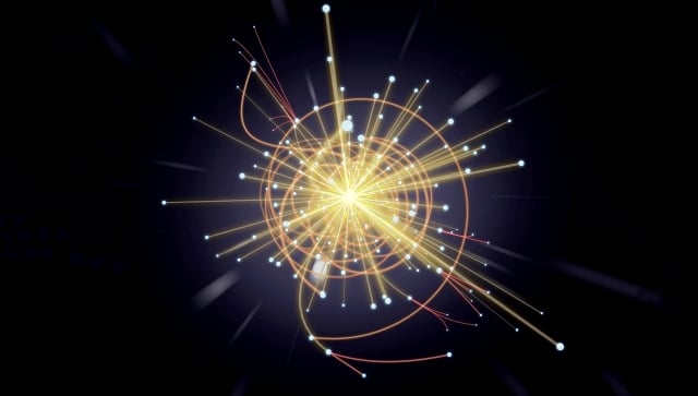 Illustration of a particle exploding against black background