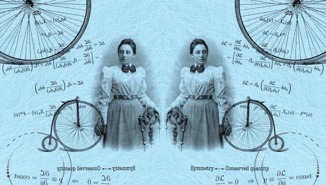 Collage of Emmy Noether, bicycle wheels and equations