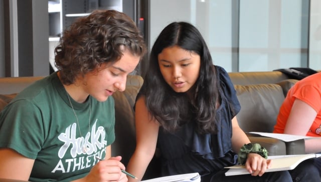 Two students working together on their homework