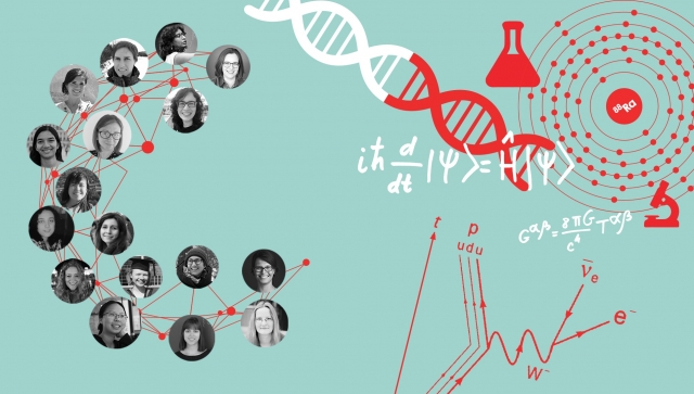 Illustration with women's faces and some science graphics