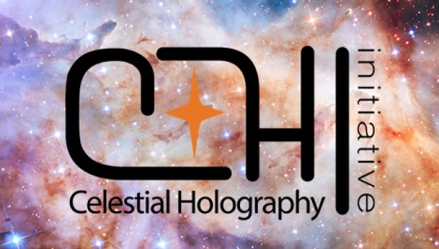 Space image background with a Celestial Holography logo on top