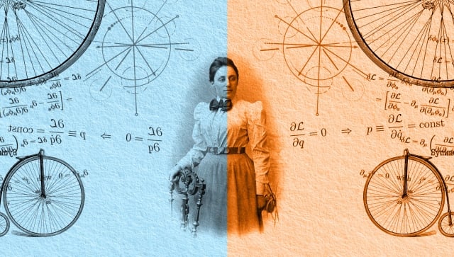 Collage of Emmy Noether and equations with one half blue and the other half orange