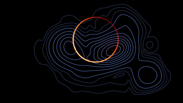 Science illustration of blue map lines with a light ring in the middle