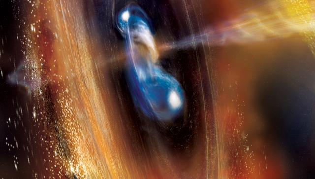 Two neutron stars begin to merge in this illustration, blasting a jet of high-speed particles and producing a cloud of debris. Scientists think these kinds of events are factories for a significant portion of the universe’s heavy elements, including gold. Credit: A. Simonnet (Sonoma State University) and NASA’s Goddard Space Flight Center