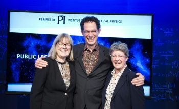 Donna Strikland, Neil Turok and Jocelyn Bell-Burnell standing together after Jocelyn's public lecture and the announcements of the new fellowships