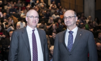 Iain Stewart and Robert Myers pose at the Perimeter Institute National Research Council partnership announcement