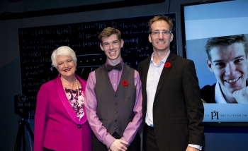 Sean Begy, recipient of the Luke-Santi Memorial award, posing with with Ontario Minister of Education Liz Sandals and Perimeter Outreach Director Greg Dick.