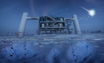 artistic composition, based on a real image of the IceCube Lab at the South Pole