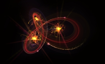 Abstract image of three light sources interacting and surrounded by red lines connecting them