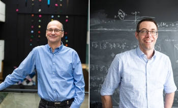 Two men, one standing in an atrium wearing a blue shirt, the other standing in front of a blackboard of equations wearing a light blue shirt