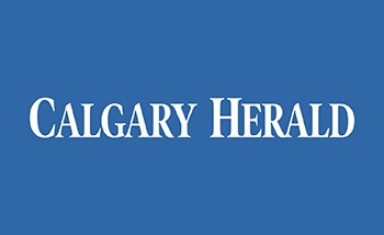 Blue background with white Calgary Herald logo